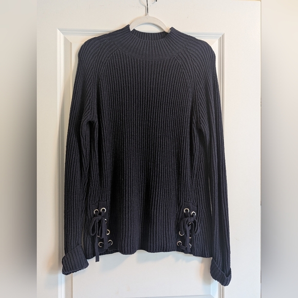 EUC- Christopher & Banks Ribbed Navy Sweater with Lace-Up Sides - Picture 1 of 13